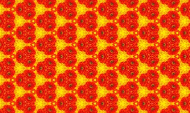 Güneşli sarı arka planda koyu merkezli parlak kırmızı çiçeklerin yinelenen deseni canlı ve neşeli bir çiçek tasarımı oluşturur..