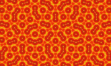 Parlak sarı bir zemin üzerinde dönen kırmızı şekilleri içeren büyüleyici bir soyut desen dinamik ve enerjik bir görsel efekt yaratır..