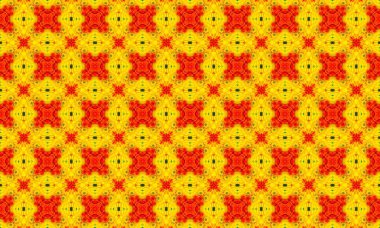 Siyah detaylarla tekrar eden sarı ve kırmızı şekiller, kusursuz bir geometrik tasarım oluşturur..