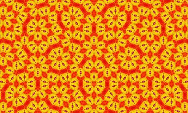 Tekrarlayan bir dizaynda sarı, turuncu ve mor renkli renkli bir desen..