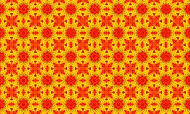 Çiçek ve üçgen tasarımlı, karmaşık turuncu ve sarı şekillerin kusursuz yinelenen deseni.