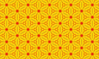 Simetrik dizaynlı ve parlak arkaplanda noktalı, sarı ve kırmızı geometrik şekillerin kusursuz tekrarlayan deseni.