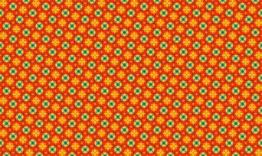 Turuncu, sarı ve yeşil renkli tekrarlayan şekiller içeren renkli, karmaşık geometrik bir desen..