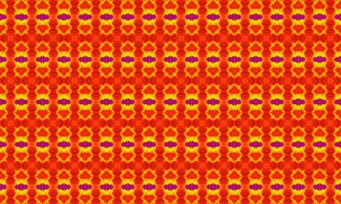 Renkli ve karmaşık bir tasarım sergileyen kumaş üzerinde tekrarlanan turuncu, sarı ve mor şekillerin kusursuz deseni..