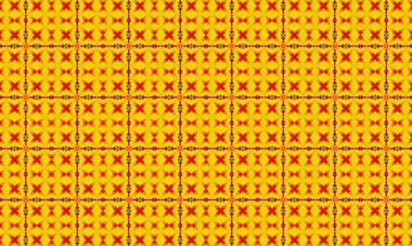 Sarı ve kırmızı X-şekilli kusursuz bir desen bir ızgarada dizilmiş, ince siyah çizgiler parlak sarı bir arkaplanda şekilleri ayırıyor..
