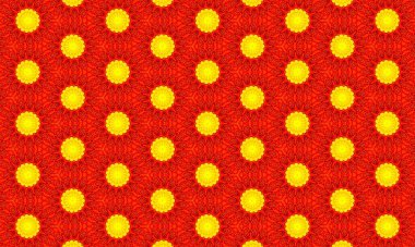 Şebeke benzeri bir düzende parlak sarı benekli tekrarlayan bir desen içeren dokulu kırmızı bir kumaş..