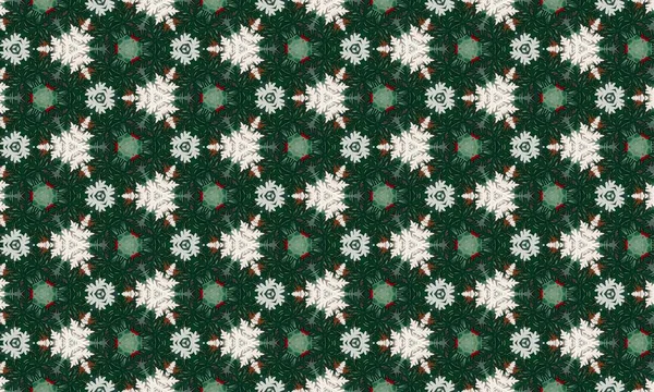 Yeşil arka planda kar taneleri ve kozalaklı Noel desenleri var. Tatil süslemeleri ve tasarımları için mükemmel.