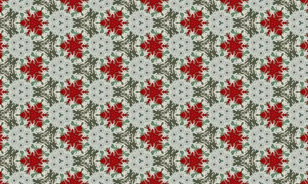 Beyaz arka planda kırmızı ve yeşil desenli narin kar tanesi deseni, tatil ve kış temalı projeler için mükemmel.