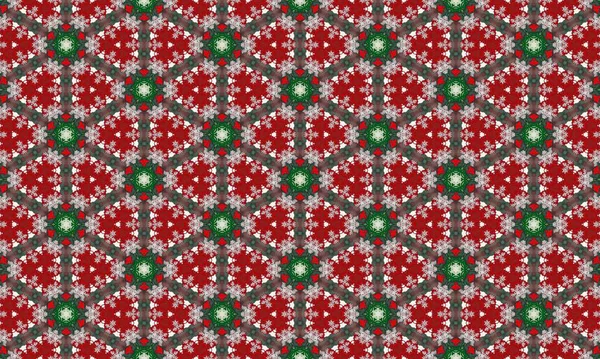 Kırmızı ve yeşil renkli kar taneleri tasarımları içeren karmaşık geometrik desen, şenlikli dekorasyonlar veya dijital arka planlar için mükemmel.