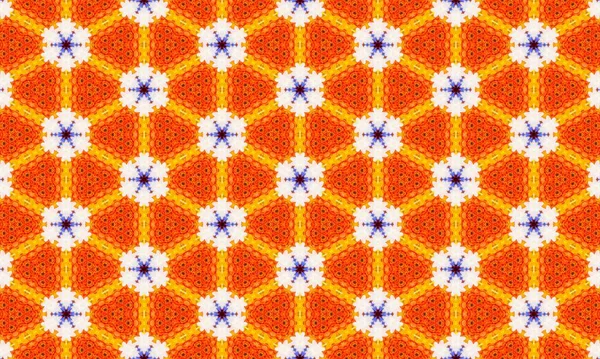 Sersemletici kaleydoskop deseni canlı turuncu, beyaz ve mavi renklerle, tasarımlara dinamik ve yaratıcı bir dokunuş eklemek için mükemmel.