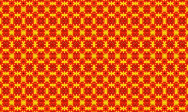 Çarpıcı kaleydoskop deseni canlı kırmızı ve sarı renklerle dinamik bir arkaplan oluşturuyor.