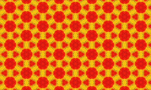 Parlak sarı bir zemin üzerinde kırmızı daireler ve çiçek desenleri olan renkli, karmaşık bir desen, görsel olarak çarpıcı bir geometrik düzenleme yaratıyor..