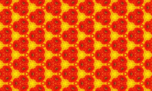 Güneşli sarı arka planda koyu merkezli parlak kırmızı çiçeklerin yinelenen deseni canlı ve neşeli bir çiçek tasarımı oluşturur..