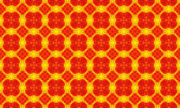 Altıgen şekillerin kırmızı ve sarı renkte tekrarlanan desenleri ve karmaşık çiçek desenleri.