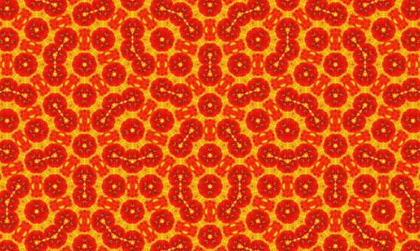 Parlak sarı bir zemin üzerinde dönen kırmızı şekilleri içeren büyüleyici bir soyut desen dinamik ve enerjik bir görsel efekt yaratır..