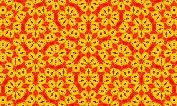 Tekrarlayan bir dizaynda sarı, turuncu ve mor renkli renkli bir desen..