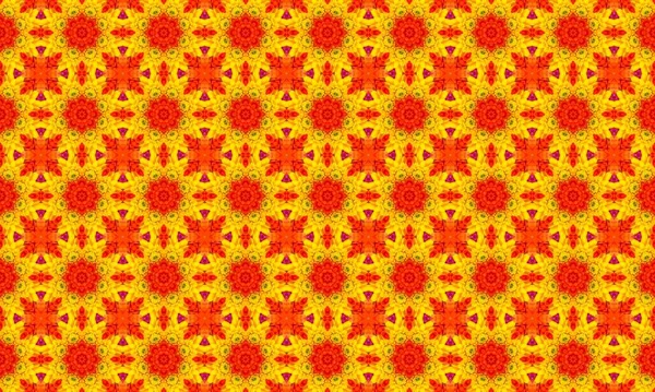 Çiçek ve üçgen tasarımlı, karmaşık turuncu ve sarı şekillerin kusursuz yinelenen deseni.