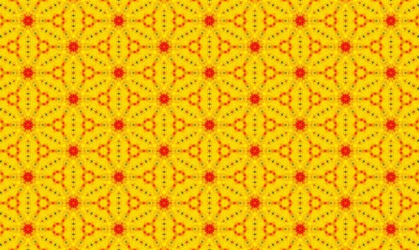 Simetrik dizaynlı ve parlak arkaplanda noktalı, sarı ve kırmızı geometrik şekillerin kusursuz tekrarlayan deseni.