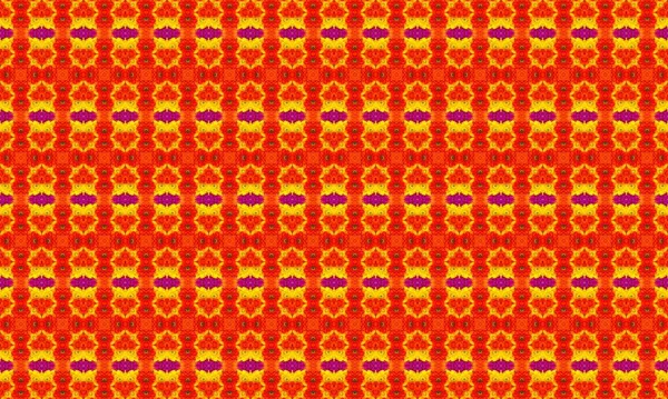 Renkli ve karmaşık bir tasarım sergileyen kumaş üzerinde tekrarlanan turuncu, sarı ve mor şekillerin kusursuz deseni..