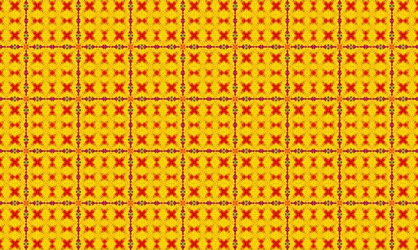Sarı ve kırmızı X-şekilli kusursuz bir desen bir ızgarada dizilmiş, ince siyah çizgiler parlak sarı bir arkaplanda şekilleri ayırıyor..