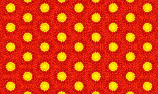 Şebeke benzeri bir düzende parlak sarı benekli tekrarlayan bir desen içeren dokulu kırmızı bir kumaş..