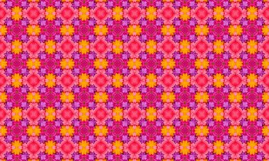 Pembe, sarı ve mor tonlarında tekrarlayan çiçek motiflerini içeren renkli geometrik desen simetrik ve uyumlu bir dizayn ile düzenlenmiştir..