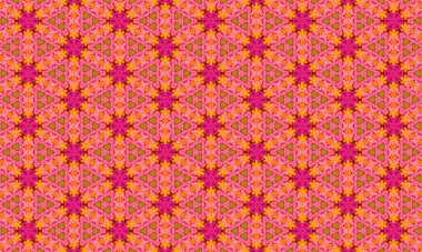 Renkli geometrik desenler pembe, turuncu ve sarı tonlarda yeşil arka planda tekrarlanan çiçek motiflerini içeriyor..