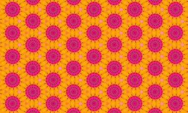 Turuncu arka planda küçük noktalı sivri çıkıntılı pembe virüs parçacıklarının renkli çizimi.