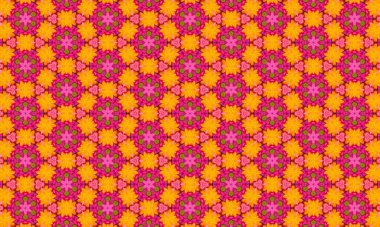 Parlak sarı bir zemin üzerinde pembe, yeşil ve sarı çiçekli desenlerin renkli yinelenen deseni canlı ve neşeli bir doku tasarımı oluşturur..