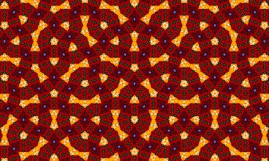 Tekrarlayan geometrik şekiller ve simetrik tasarım elementleriyle kırmızı, sarı ve mor renkleri içeren renkli, karmaşık bir desen..