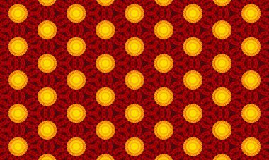 Koyu kırmızı bir zemin üzerinde sarı daireler ve karmaşık çiçek desenleri içeren kusursuz bir desen..