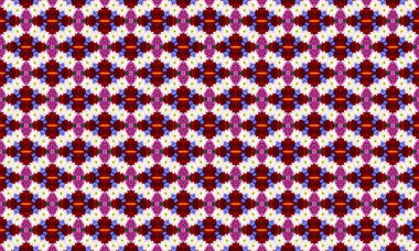 Simetrik kırmızı, mor ve beyaz şekilli renkli geometrik desen, tekrarlayan tasarım elementleri.