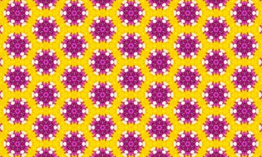 Parlak sarı bir zemin üzerinde pembe ve beyaz çiçeklerin yer aldığı renksiz desen, tekstil veya duvar kağıdı tasarımı için ideal.