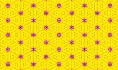 Parlak sarı arka planda tekrarlanan pembe çiçek ve yeşil geometrik şekiller..