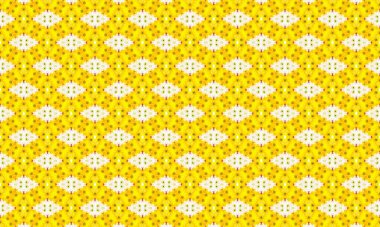 Parlak sarı arkaplanda küçük sarı noktalar ve beyaz şekillerden oluşan kusursuz bir desen, görsel olarak çekici bir geometrik tasarım yaratıyor..