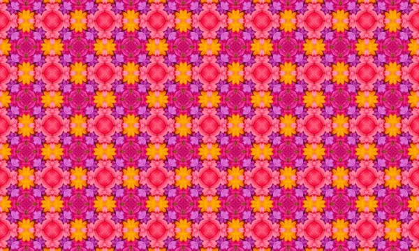 Pembe, sarı ve mor tonlarında tekrarlayan çiçek motiflerini içeren renkli geometrik desen simetrik ve uyumlu bir dizayn ile düzenlenmiştir..