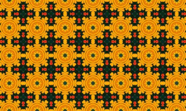 Koyu arkaplanda parlak sarı ve turuncu renkleri olan sersemletici çiçek deseni, modern tasarım projeleri için mükemmel.