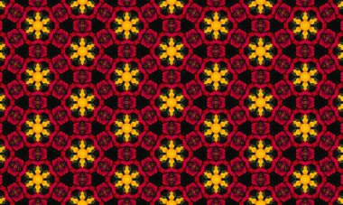 Siyah bir zemin üzerinde kırmızı ve sarı çiçekleri barındıran çarpıcı çiçek deseni, herhangi bir tasarım projesine renk ve zarafet katmak için mükemmel.