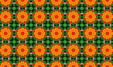 Gür yeşil arka planda turuncu, kırmızı ve pembe çiçeklerin karışımından oluşan kusursuz bir desen. Tasarım projeleri, tekstil ve yaratıcı uygulamalar için mükemmel.
