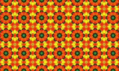 Yeşil arka planda canlı turuncu ve sarı çiçekleri barındıran güzel çiçek deseni, herhangi bir tasarım projesine renk ve enerji katmak için mükemmel.