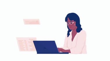 Kendine güvenen iş kadını modern bir ortamda özenle dizüstü bilgisayarda çalışıyor.