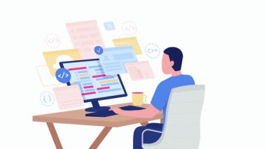 Web tasarım elementleriyle çevrili bilgisayar üzerinde çalışan bir adamın tasviri