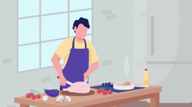 Önlüklü adam mutfakta çeşitli malzemelerle yemek hazırlıyor.