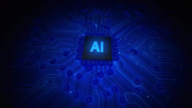 Fütürist devre kartındaki parlak yapay zeka çipi son teknoloji yapay zeka teknolojisini temsil ediyor.
