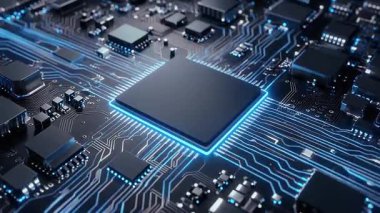 Mavi bağlantıları ve kabloları olan bir devre kartında yüksek teknoloji mikroçip.