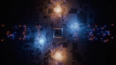 Parlayan devreler ve merkezi yapay zeka çipi ile yapay zekanın çarpıcı görsel temsili, yenilikleri ve teknolojik gelişmeleri iletiyor.