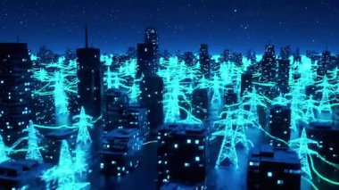 Parlak mavi sinirsel ağ bağlantıları ve geceleri aydınlatılmış binaları olan gelecekçi şehir manzarası