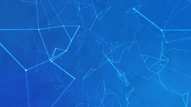 Derin mavi arkaplanda parlayan mavi çizgiler ve düğümlerle dinamik ağ bağlantıları, yenilik ve teknolojiyi iletir