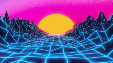 Gün batımında bir dağ sırasının yer aldığı bu canlı neon manzarayla gelecekçi bir dünya yaşayın. Projenize modernlik ve yenilik katmak için mükemmel..