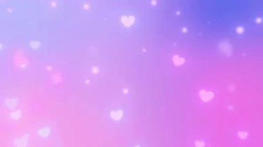 Yumuşak pembe ve mor renkli arka plan, parlayan kalpler ve bokeh ışıkları, romantik bir atmosfer yaratıyor.